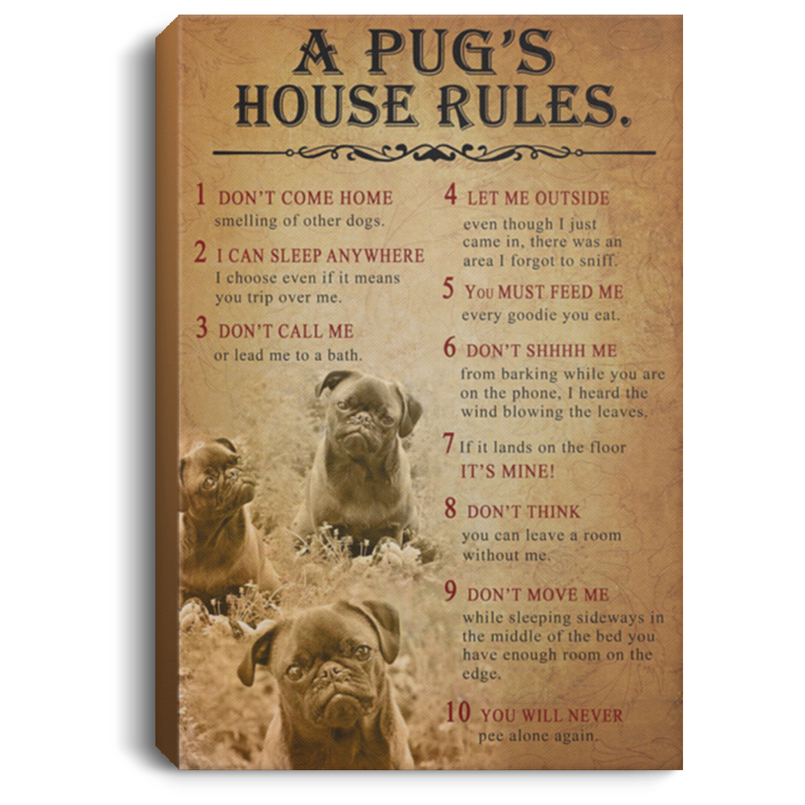 200822H A Pug's House Rules Canvas Wall Art For Living Room Bedroom Office Wrapped Ready To Hang 8x12 12x18 16x24