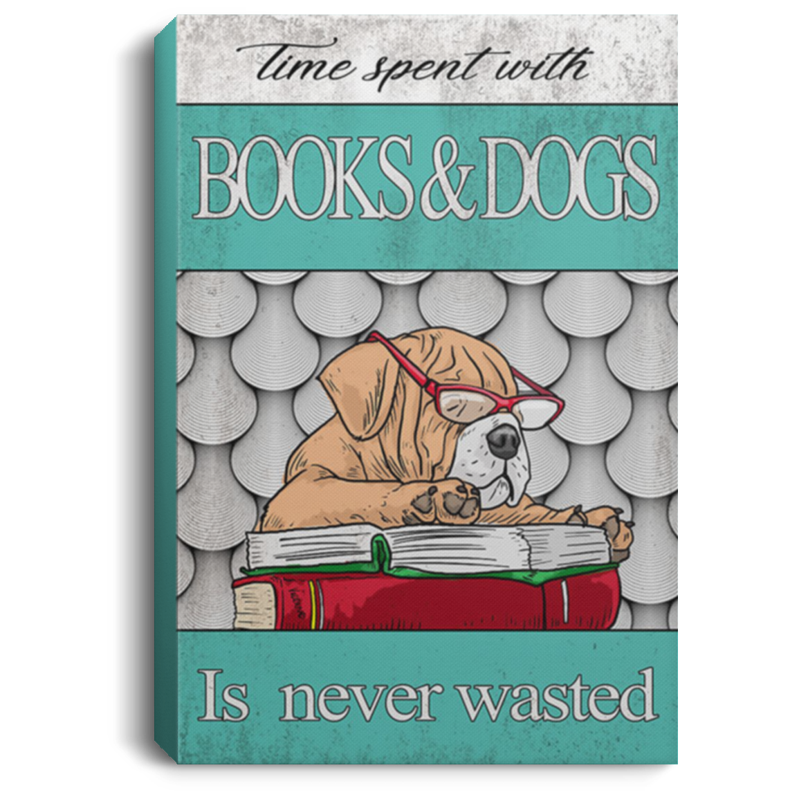 200822H Bulldog Time Spent With Books & Dogs Is Never Wasted Canvas Wall Art For Living Room Bedroom Library Office Wrapped Ready To Hang 8x12 12x18 16x24