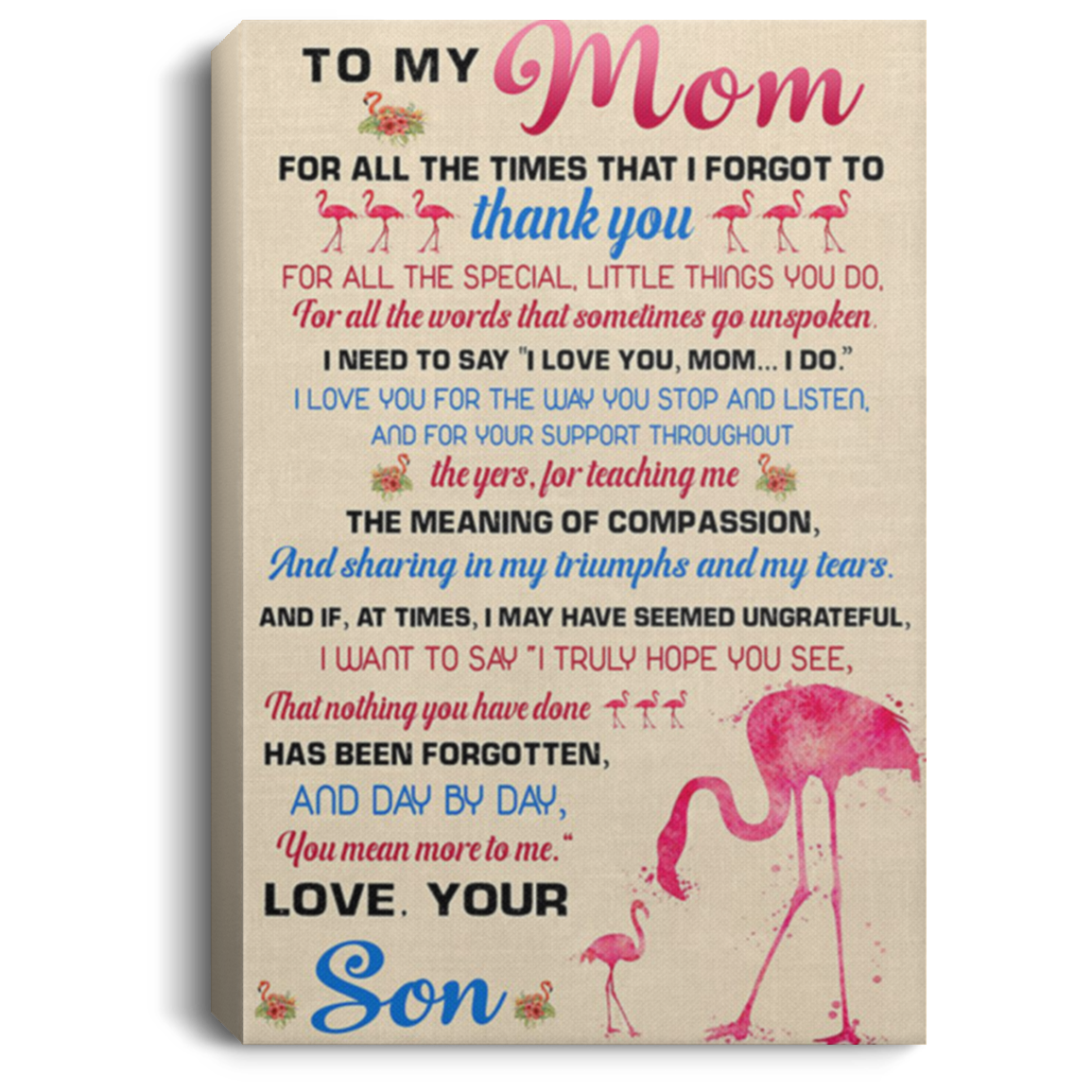 200813BB Gallery Wrapped Canvas Mom For All The Times That I Forgot To Thank You Flamingo Poster Gift From Son 8x12 12x18 16x24