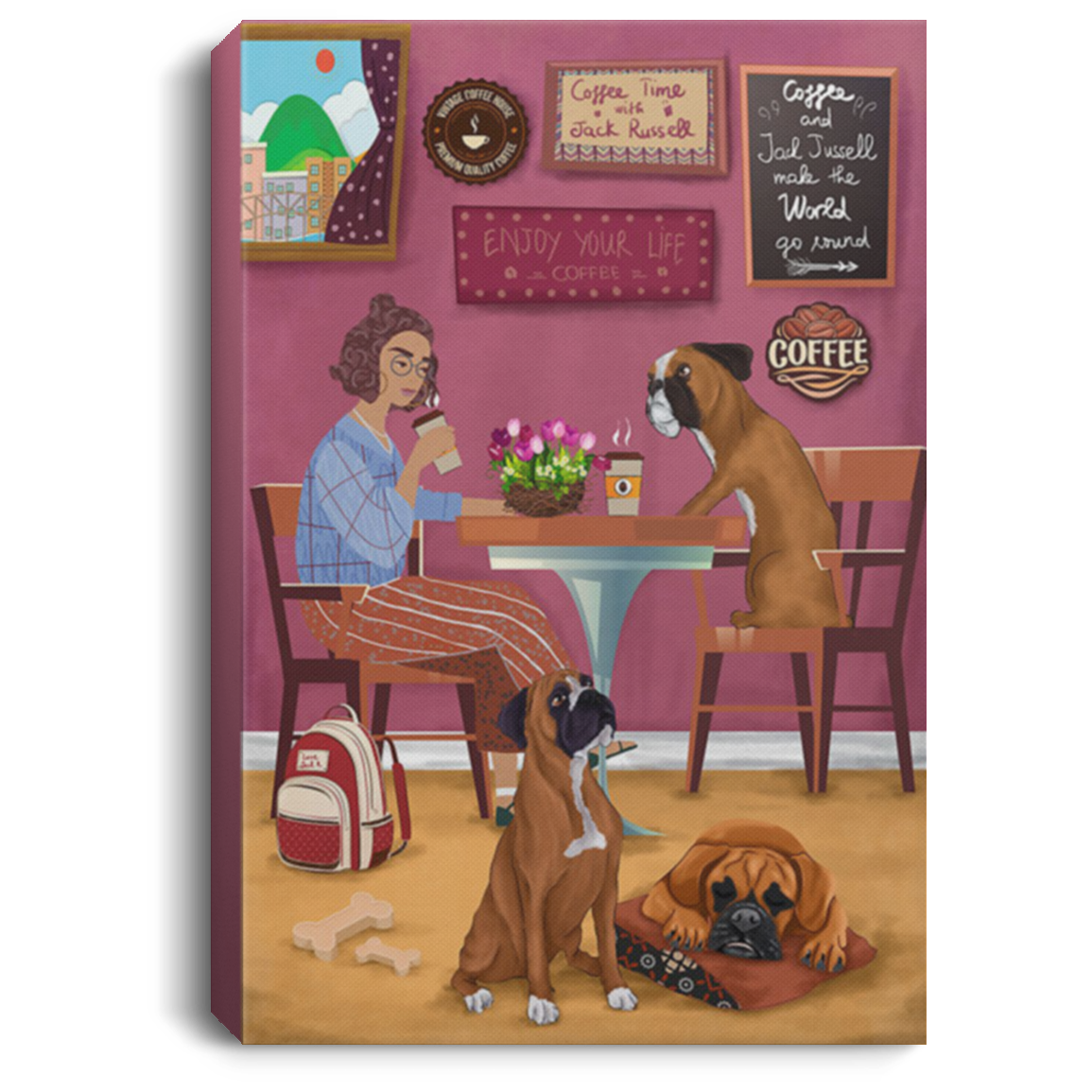 200822H Dog Boxer Coffee With Girl Canvas Poster Wall Art Wrapped Ready To Hang 8x12 12x18 16x24