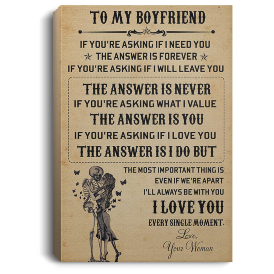 200813BB To My Boyfriend Family Wall Art Canvas Vertical From Girlfriend - The Most Important Thing Is Even If We're Apart I'll Always Be With You 8x12 12x18 16x24