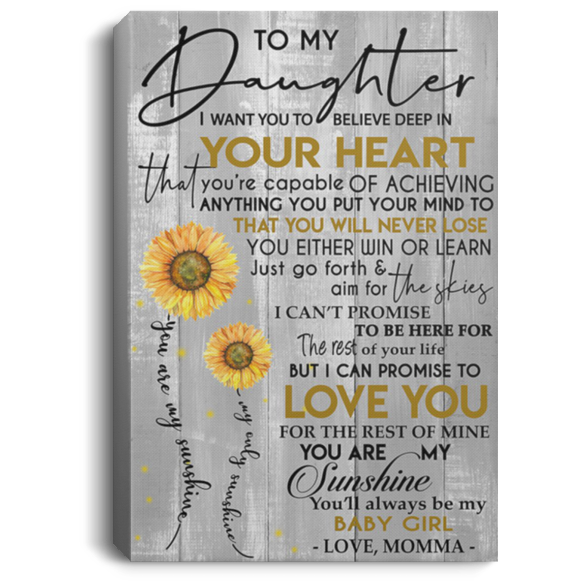 200813BB Daughter Canvas Wall Art Print Sunflower You'll Always Be My Baby Girl Poster Print 8x12 12x18 16x24