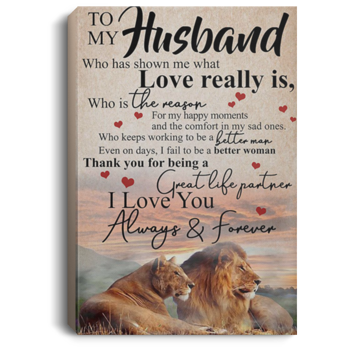 200813BB Wife To Husband Lion Family Wall Art Canvas Vertical - Thank You For Being A Great Life Partner Poster 8x12 12x18 16x24