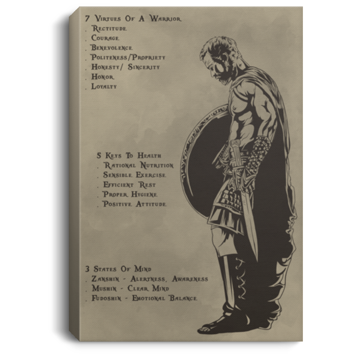 AAA200704 Spartan Wall Art Canvas Custom 7 Virtues Of A Warrior 5 Keys To Heath 3 States Of Mind 8x12 12x18 16x24