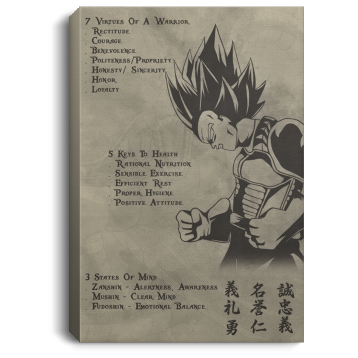 AAA200704 Vegeta Wall Art Canvas Posters Vintage 7 Virtues Of A Warrior 5 Keys To Heath 3 States Of Mind 8x12 12x18 16x24