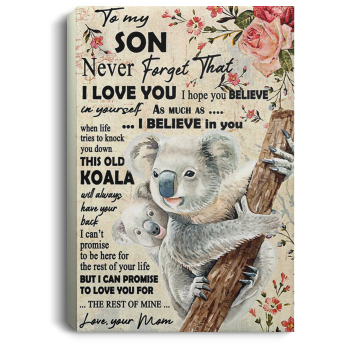 200813BB Best Gift For Son From Mom - When Life Tries To Knock You Down This Old Koala Will Always Have You Back Wall Art Canvas Home 8x12 12x18 16x24