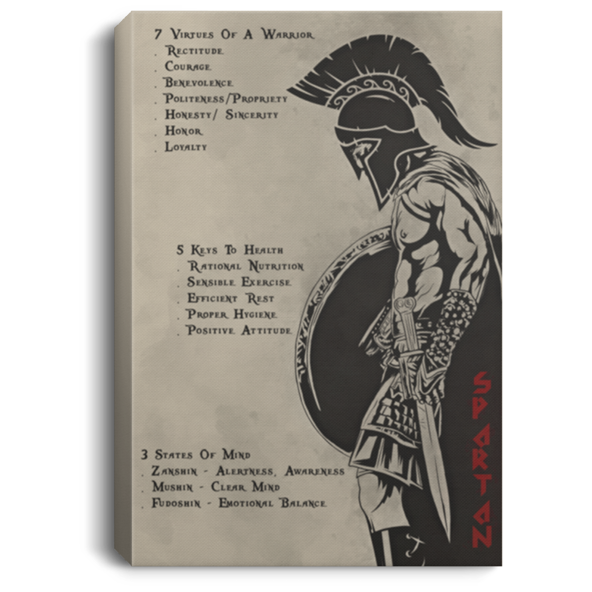 AAA200704 Warrior Spartan Canvas Poster Motivation 7 Virtues Of A Warrior 5 Keys To Heath 3 States Of Mind 8x12 12x18 16x24