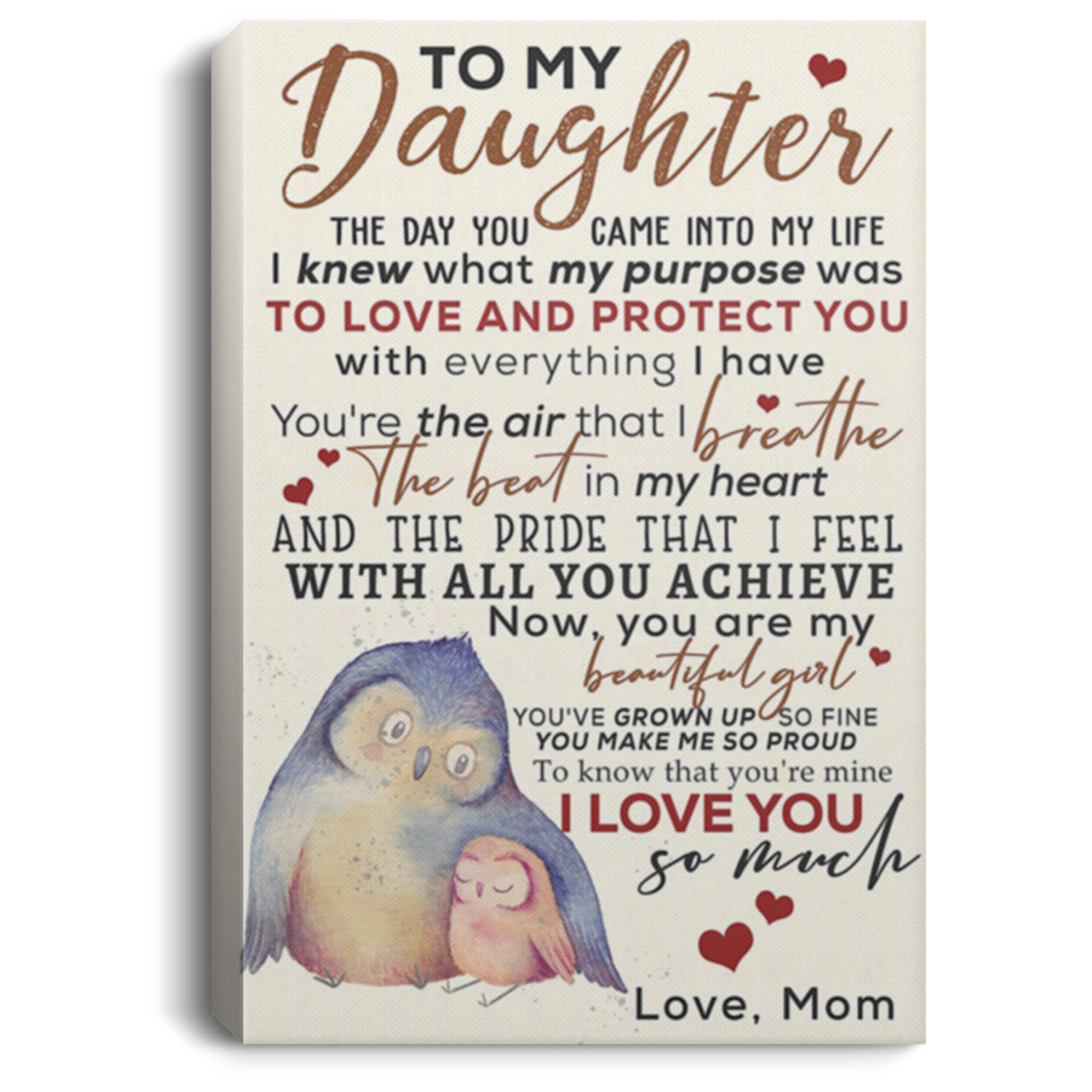 200813BB Mom To Daughter Owl Canvas Posters For Walls - You're The Air That I Breathe The Beat In My Heart Art Print 8x12 12x18 16x24