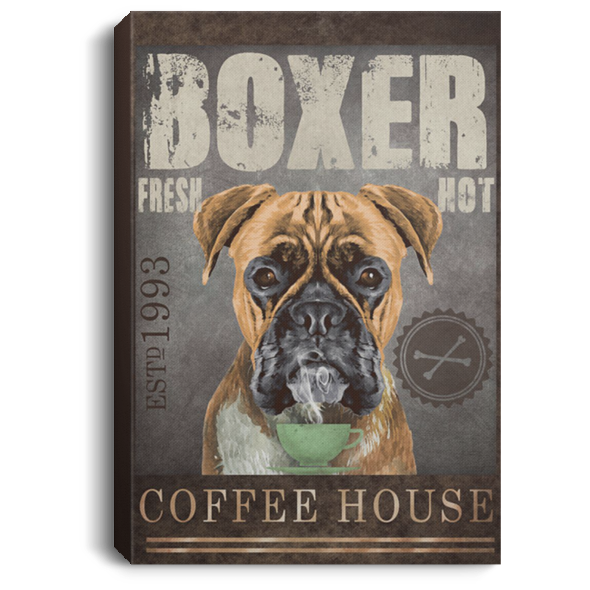 200822H Boxer Coffee House Dog Canvas Wall Art Decor Living Room Bedroom Office Wrapped Ready To Hang 8x12 12x18 16x24