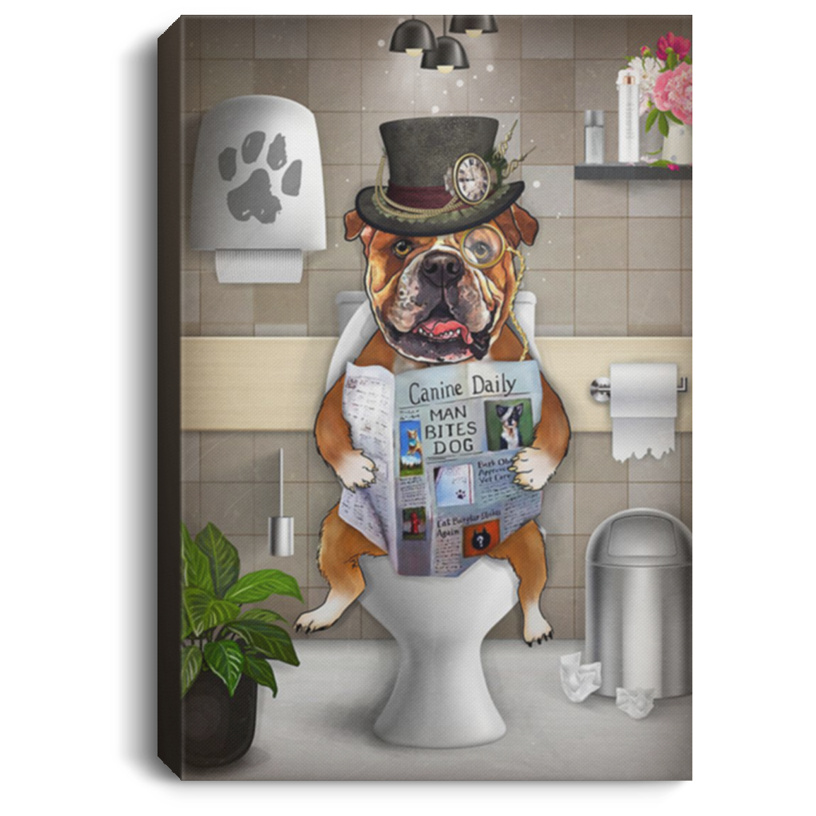 200822H Bulldog Read News On A Toilet Vintage Poster Canvas Funny Gift For Men Women On Birthday Christmas Wrapped Ready To Hang 8x12 12x18 16x24