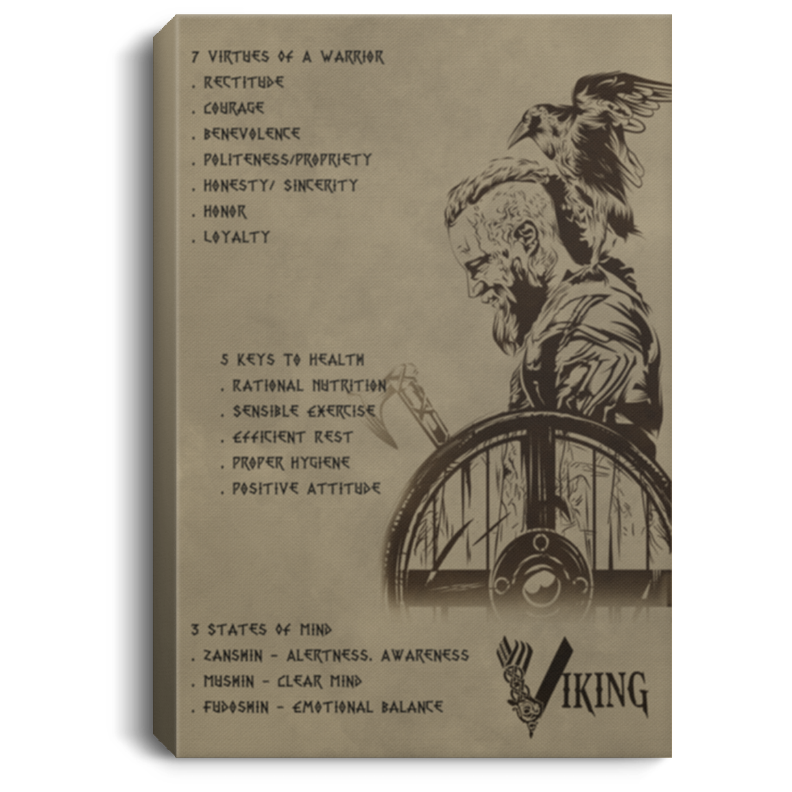 AAA200704 Viking Wall Art Canvas Posters 7 Virtues Of A Warrior 5 Keys To Heath 3 States Of Mind 8x12 12x18 16x24