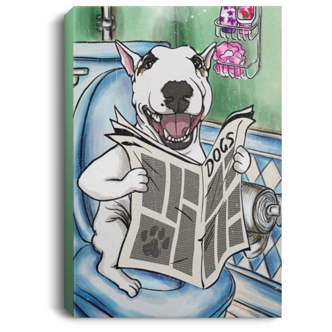 200822H Bull Terrier Read News On A Toilet Canvas Wall Art Dog Funny Gift For Men Women On Birthday Christmas Wrapped Ready To Hang 8x12 12x18 16x24