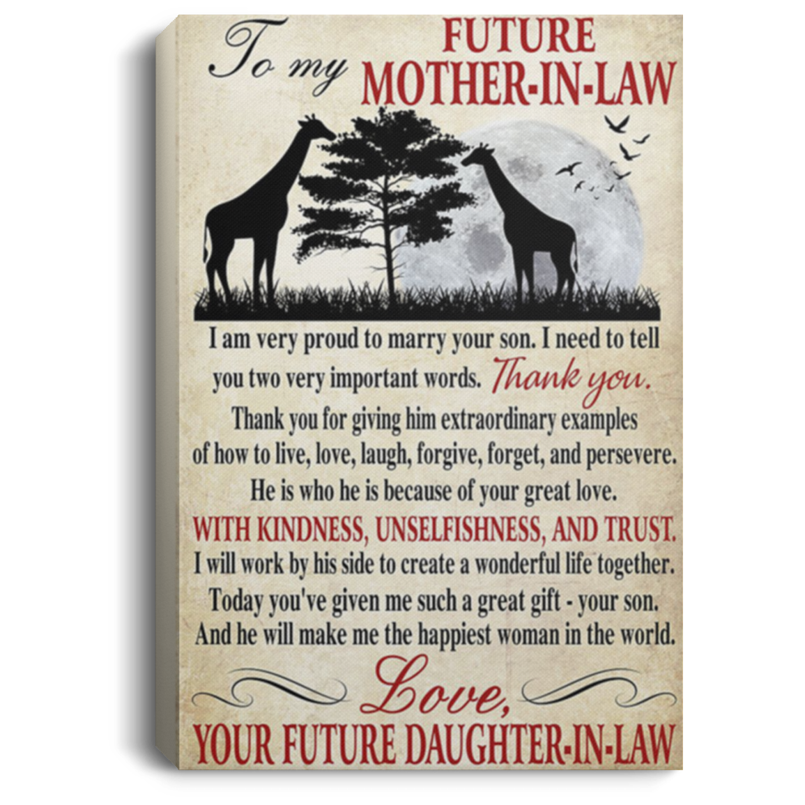 200813BB To My Future Mother In Law I Am Very Proud To Marry Your Son Giraffe Family Quotes Canvas Wall Art From Daughter In Law 8x12 12x18 16x24