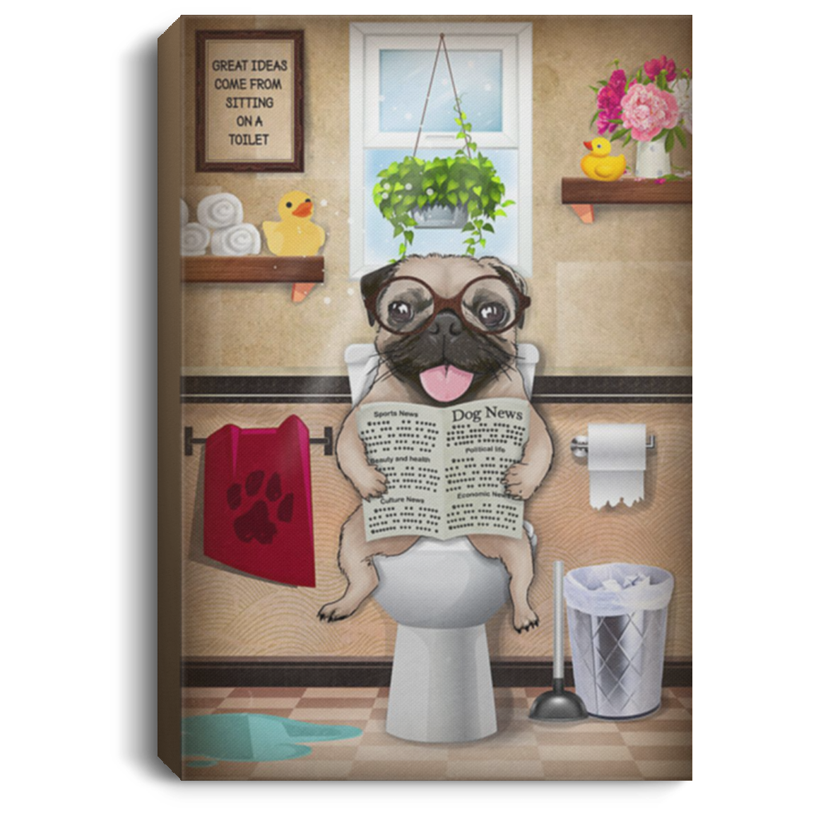 200822H Pug Dog Great Ideas Come From Sitting On A Toilet Canvas Poster Wall Art Wrapped Ready To Hang 8x12 12x18 16x24