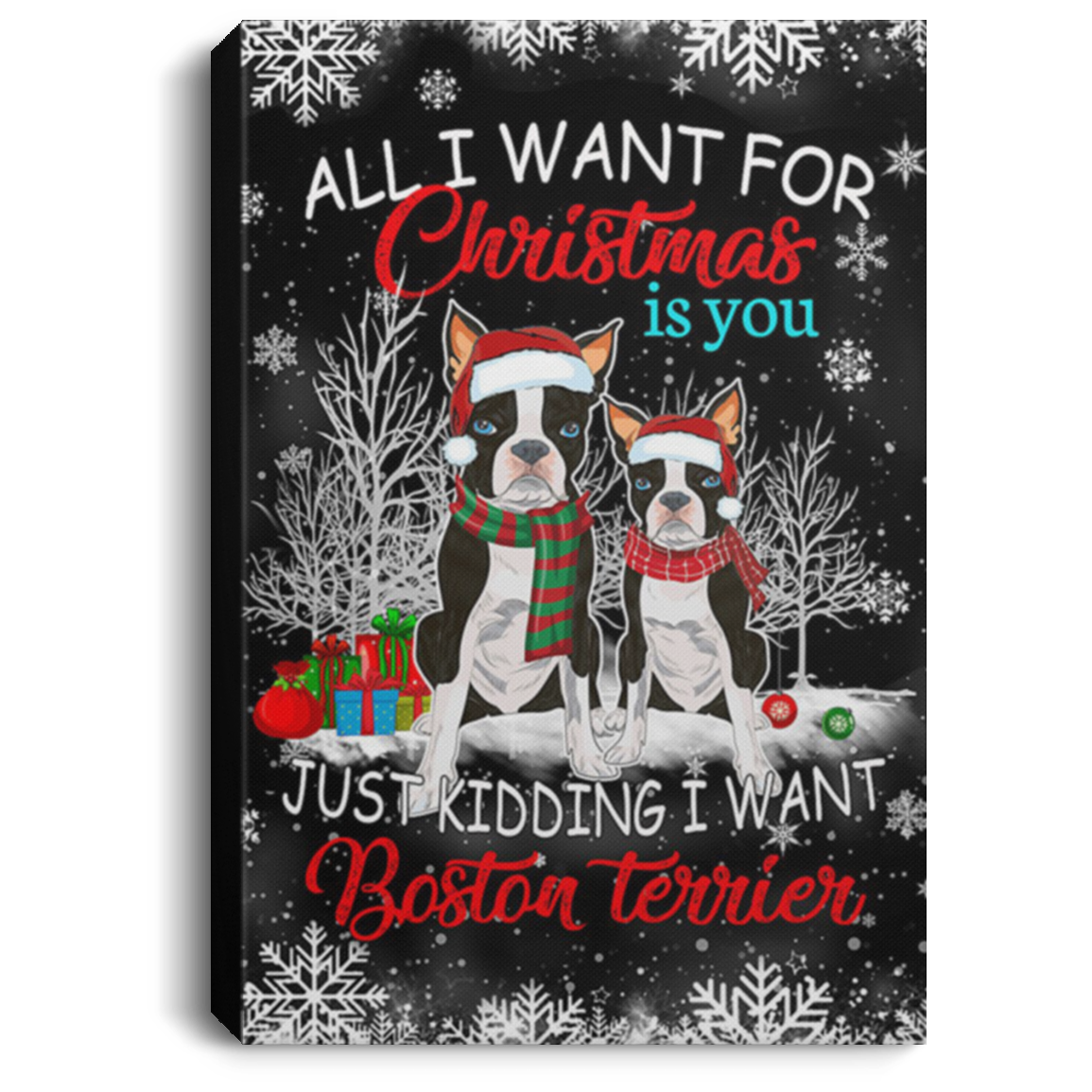 200825G Canvas Wall Art For Living Room All I Want For Christmas Is You Boston Terrier Poster Wrapped Ready To Hang 8x12 12x18 16x24