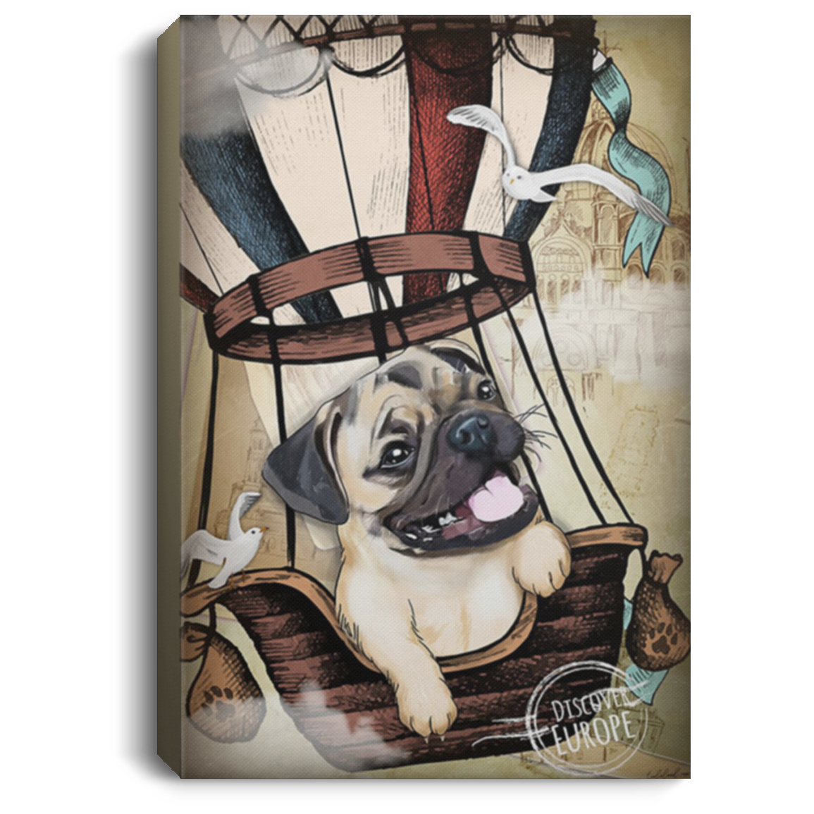 200822H Pug In Hot Air Balloon Wall Art Canvas For Living Room Bedroom Office Best Gift For Men Women Wrapped Ready To Hang 8x12 12x18 16x24