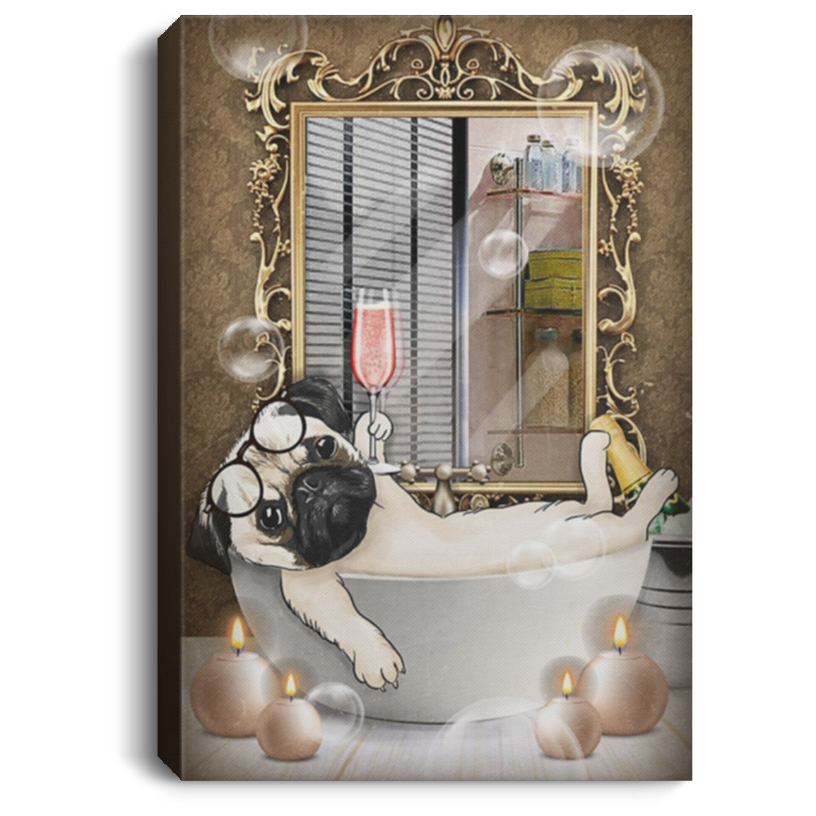 200822H Pug Bath And Drink Dog Pet Canvas Wall Art Print For Living Room Bedroom Office Wrapped Ready To Hang 8x12 12x18 16x24