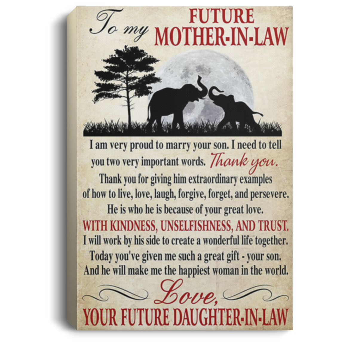 200813BB To My Future Mother In Law Elephant Canvas Poster Motivation - I Will Work By His Side To Create A Wonderful Life Together Art Print 8x12 12x18 16x24