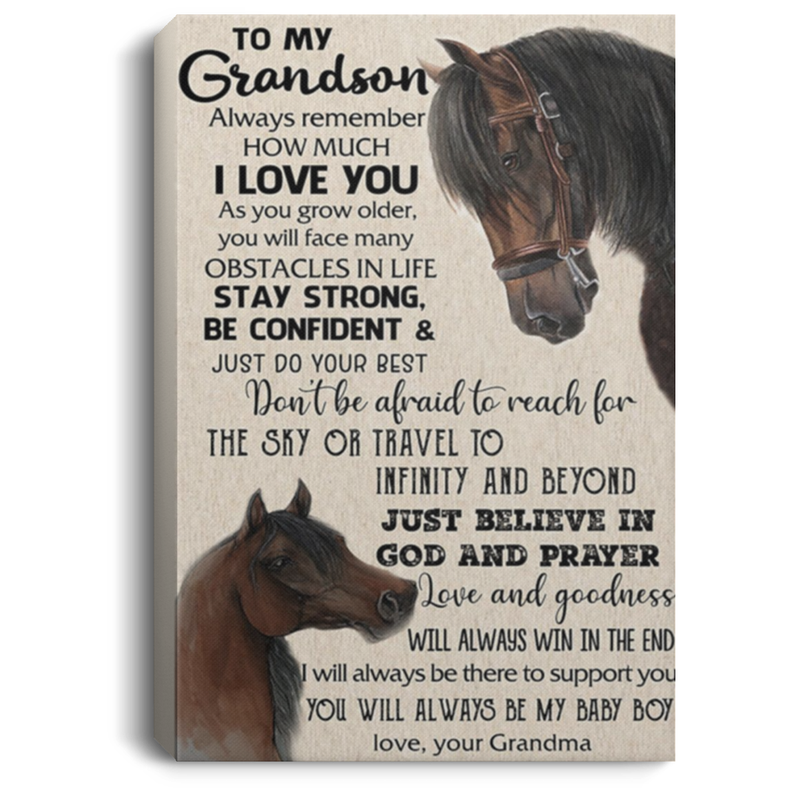 200813BB To My Grandson Horse Wall Art Canvas For Bedroom Living Room - You Will Always Be My Baby Boy Poster Gift From Grandma