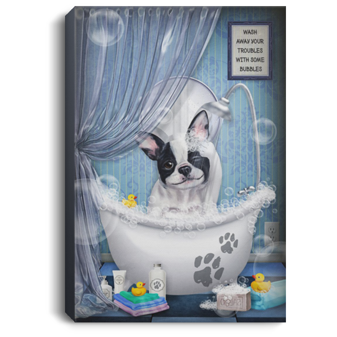 200822H Frenchie Dog Bathtub Wash Away Your Troubles With Some Bubbles Canvas Wall Art For Living Room Bedroom Office 8x12 12x18 16x24