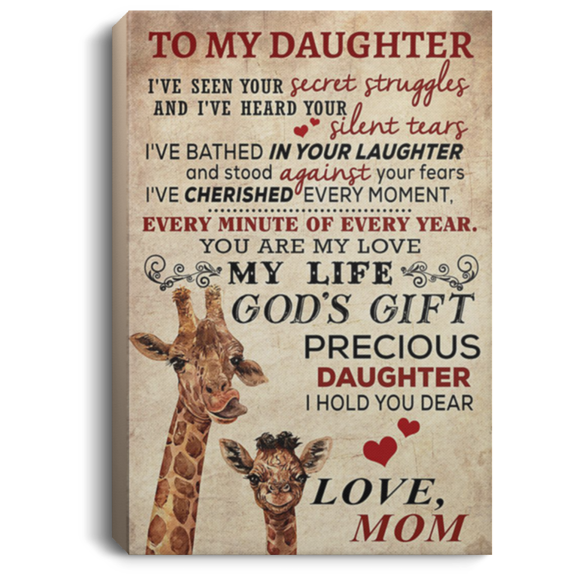 200813BB To My Daughter I've Seen Your Secret Struggles And I've Heard Your Silent Tears Giraffe Family Canvas Wall Art For Living Room Bedroom 8x12 12x18 16x24