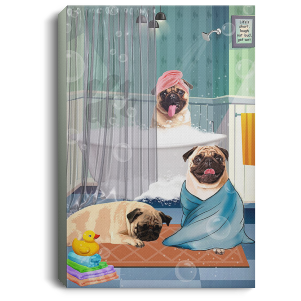 200822H Pugs In Bathroom Canvas Wall Art For Living Room Bedroom Office Wrapped Ready To Hang 8x12 12x18 16x24