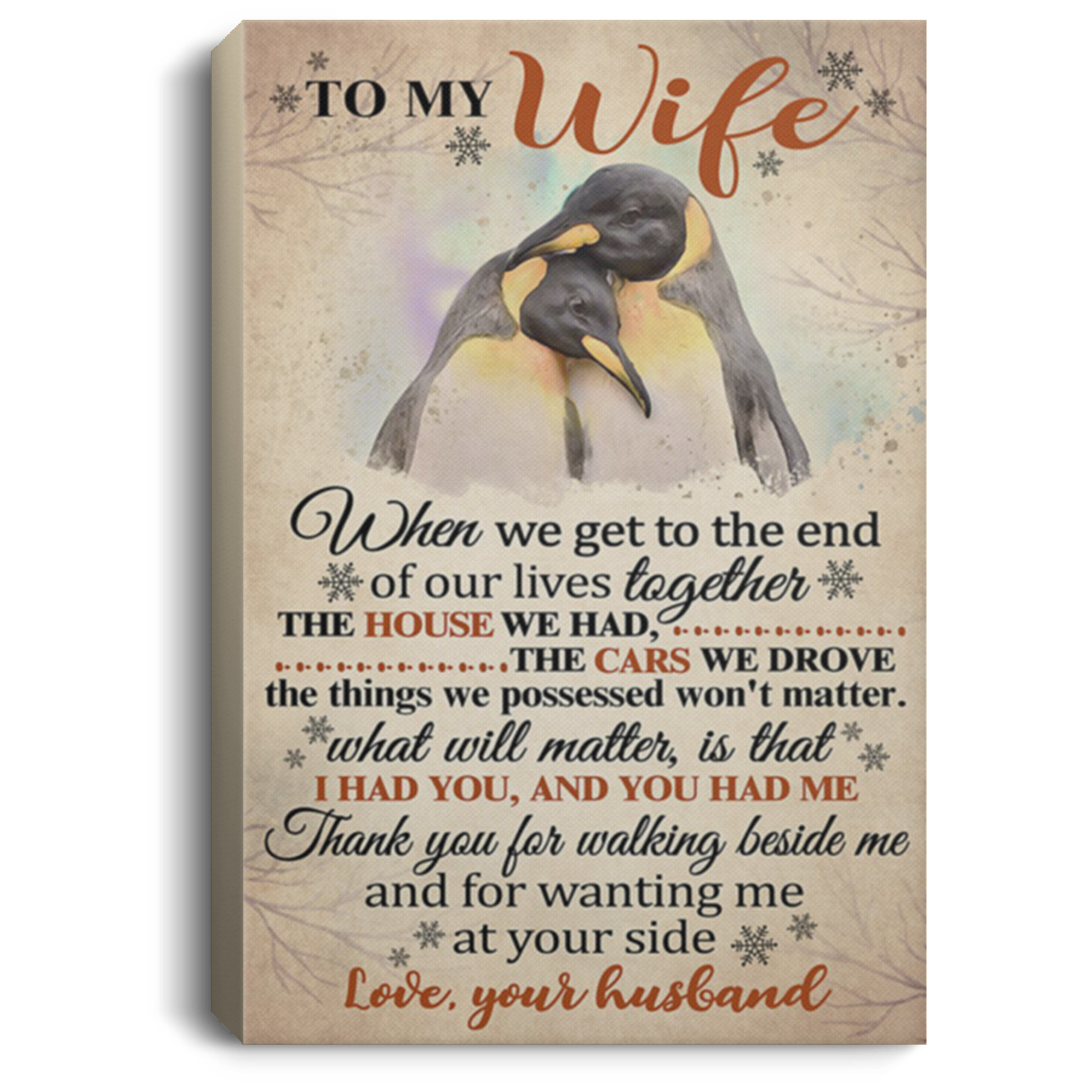 200813BB To My Wife Thank You For Walking Beside Me And For Wanting Me At Your Side Penguin Family Wall Art Canvas Vertical From Husband 8x12 12x18 16x24
