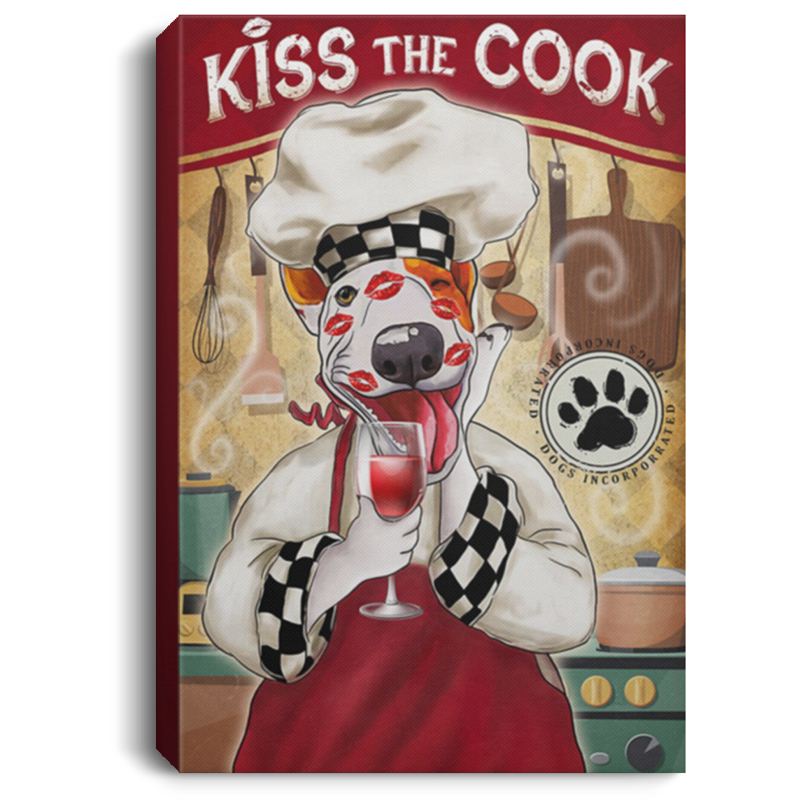 200822H Kiss The Cook Bull Terrier Dog Canvas Wall Art Print Poster Gift For Men Women On Birthday Christmas Wrapped Ready To Hang 8x12 12x18 16x24