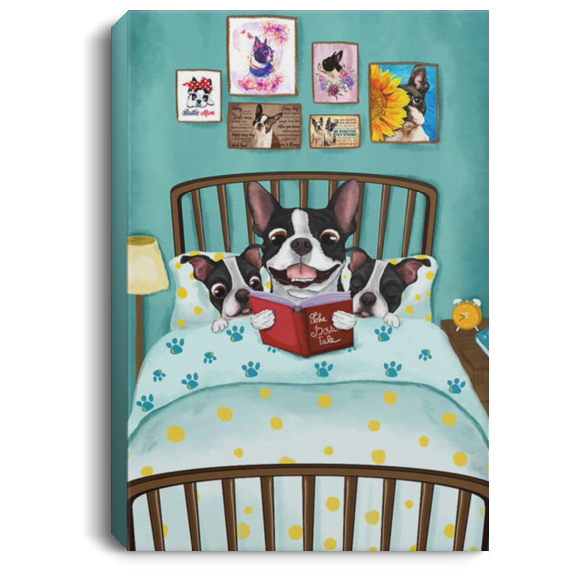200825G Boston Terrier Dog Read Book Gallery Wrapped Framed Canvas Funny Birthday Christmas Anniversary Ideas Great Gift Decoration 8x12 12x18 16x24