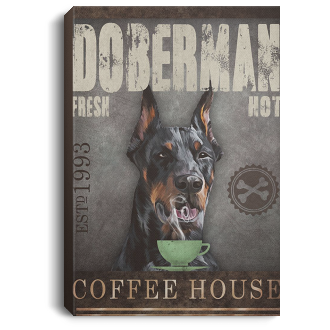 200825G Doberman Coffee House Dog Canvas Wall Art For Living Room Office Restaurant Funny Gift For Men Women Wrapped Ready To Hang 8x12 12x18 16x24