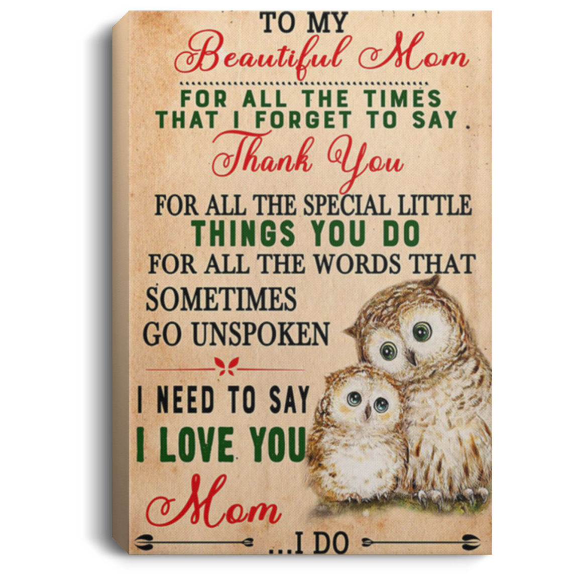 200813BB To My Beautiful Mom For All The Times That I Forget To Say Thank You Wall Art Canvas Prints Owl 8x12 12x18 16x24