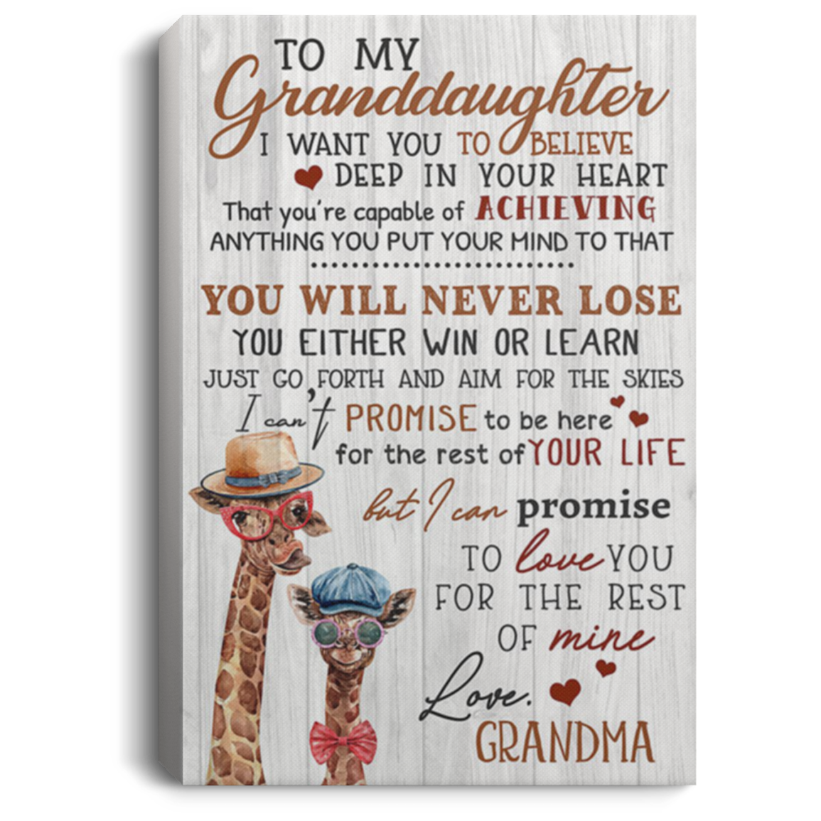 200813BB Grandma To Granddaughter Giraffe Wrapped Framed Canvas Poster - Anything You Put Your Mind To That You Will Never Lose Art Print 8x12 12x18 16x24