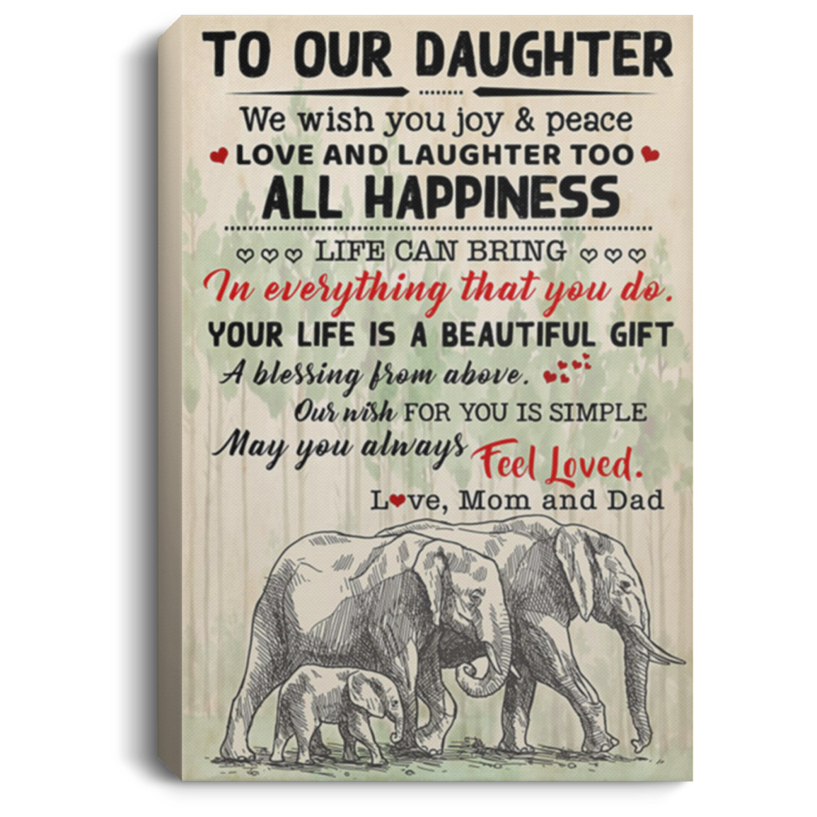 200813BB Mom And Dad To Daughter Elephant Family Canvas Quote We Wish Joy And Peace Love And Laughter Too Poster Art Print 8x12 12x18 16x24