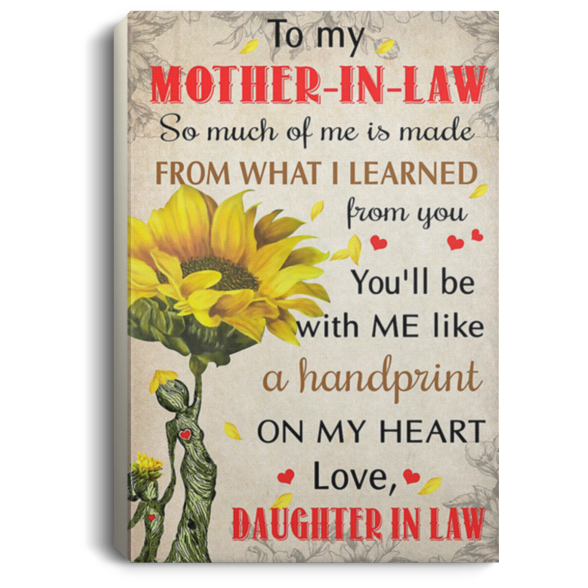 200813BB Sunflower Mother In Law Family Canvas Print You'll Be With Me Like A Handprint On My Heart Poster Gift From Daughter In Law