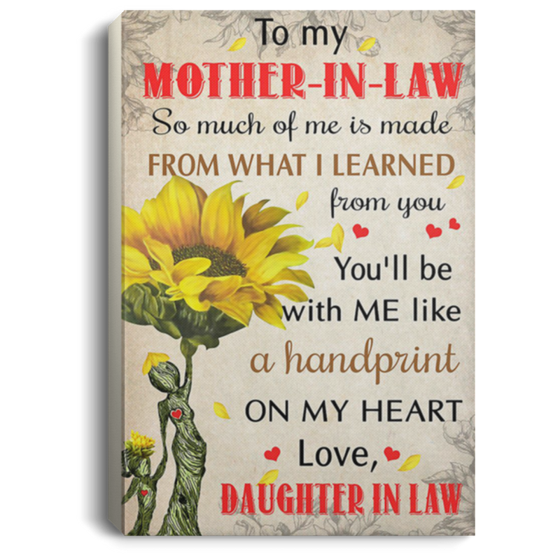 200813BB Sunflower Mother In Law Family Canvas Print You'll Be With Me Like A Handprint On My Heart Poster Gift From Daughter In Law