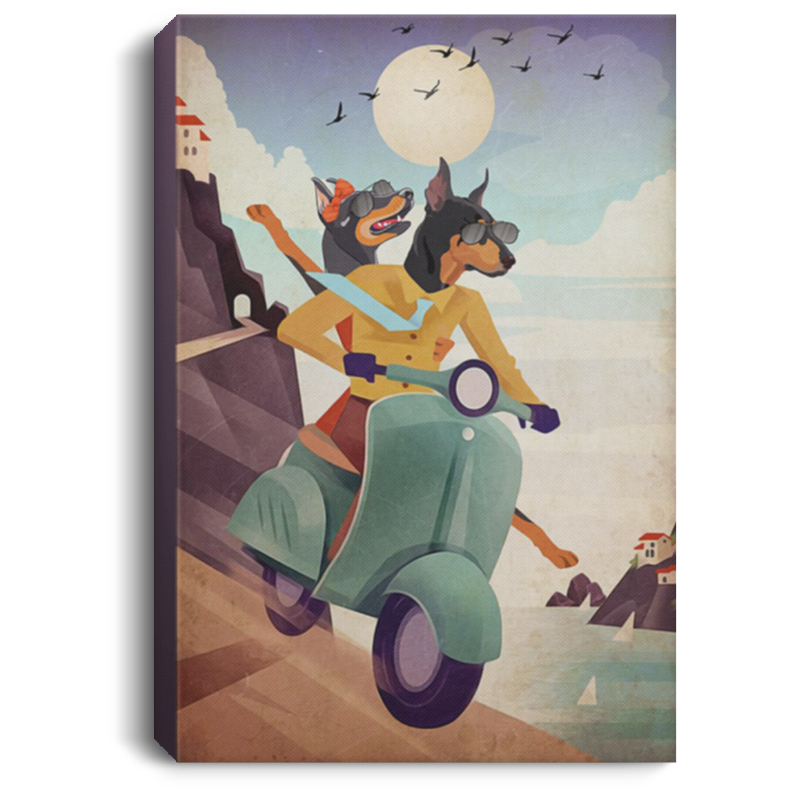 200825G Doberman Driving A Motorbike Dog Canvas Wall Art For Living Room Office Wrapped Ready To Hang 8x12 12x18 16x24