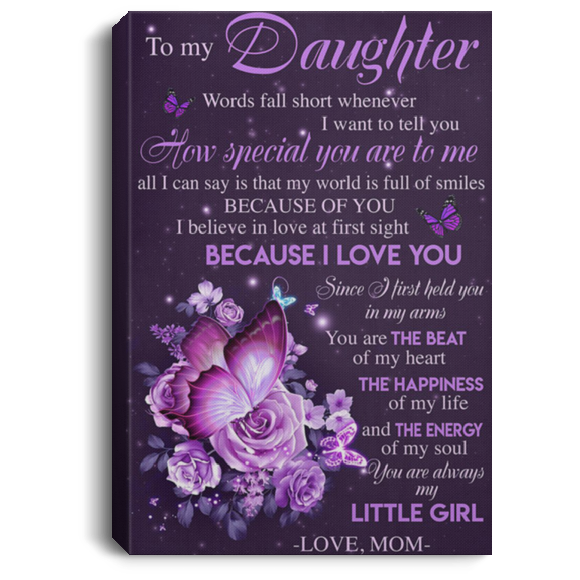 200813BB To My Daughter Love Mom Roses Butterfly Canvas Art Wall Decor Awesome Birthday Christmas Ideas Great Gift Decoration 8x12 12x18 16x24