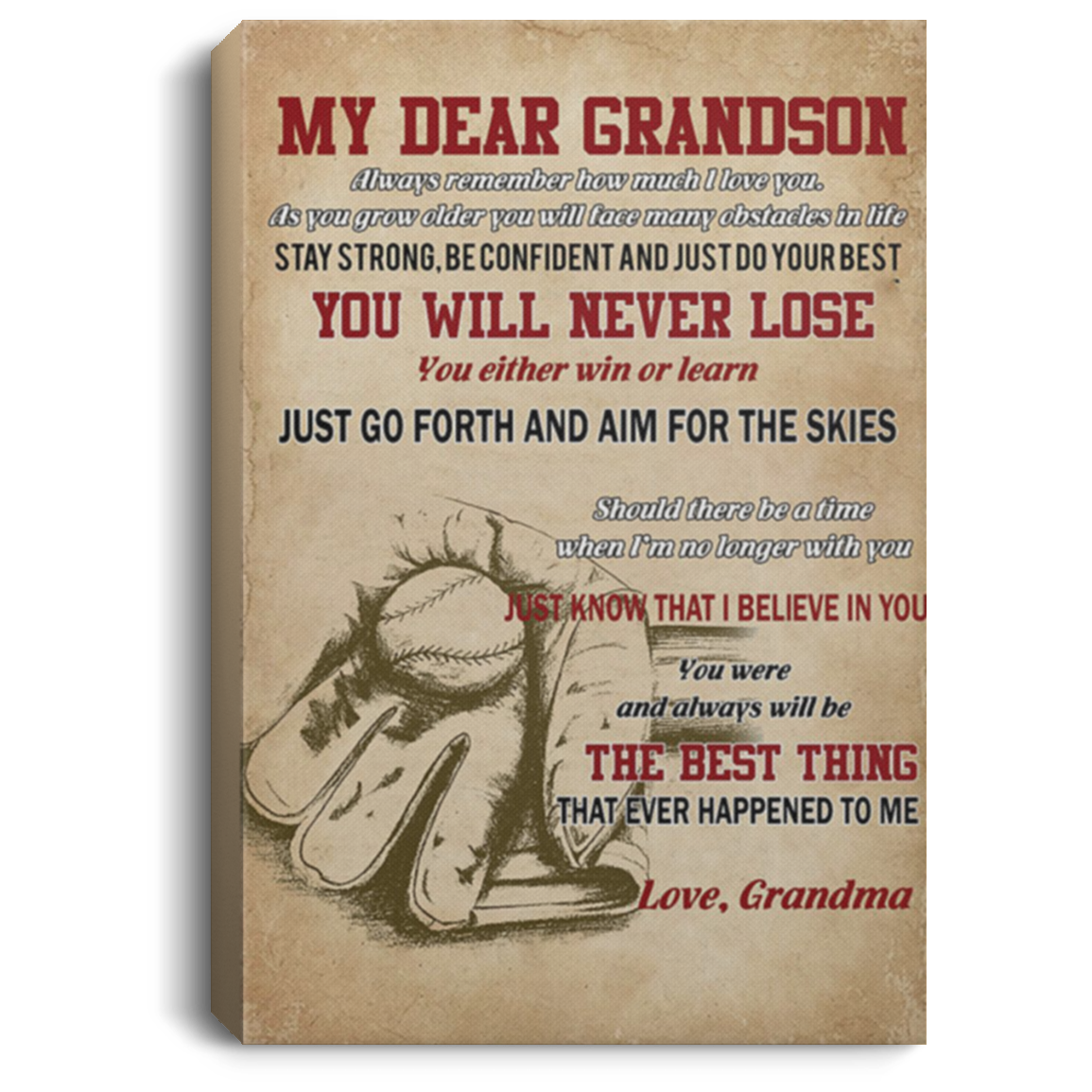 200813BB Best Gift For Grandson From Grandma Stay Strong Be Confident And Just Do Your Best Baseball Canvas Posters For Walls 8x12 12x18 16x24