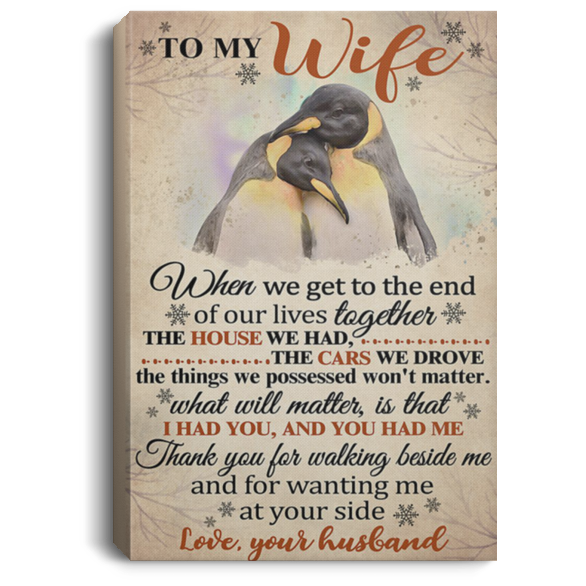200813BB To My Wife Penguin Wall Art Canvas Vertical Thank You For Walking Beside Me And For Wanting Me At Your Side Poster 8x12 12x18 16x24