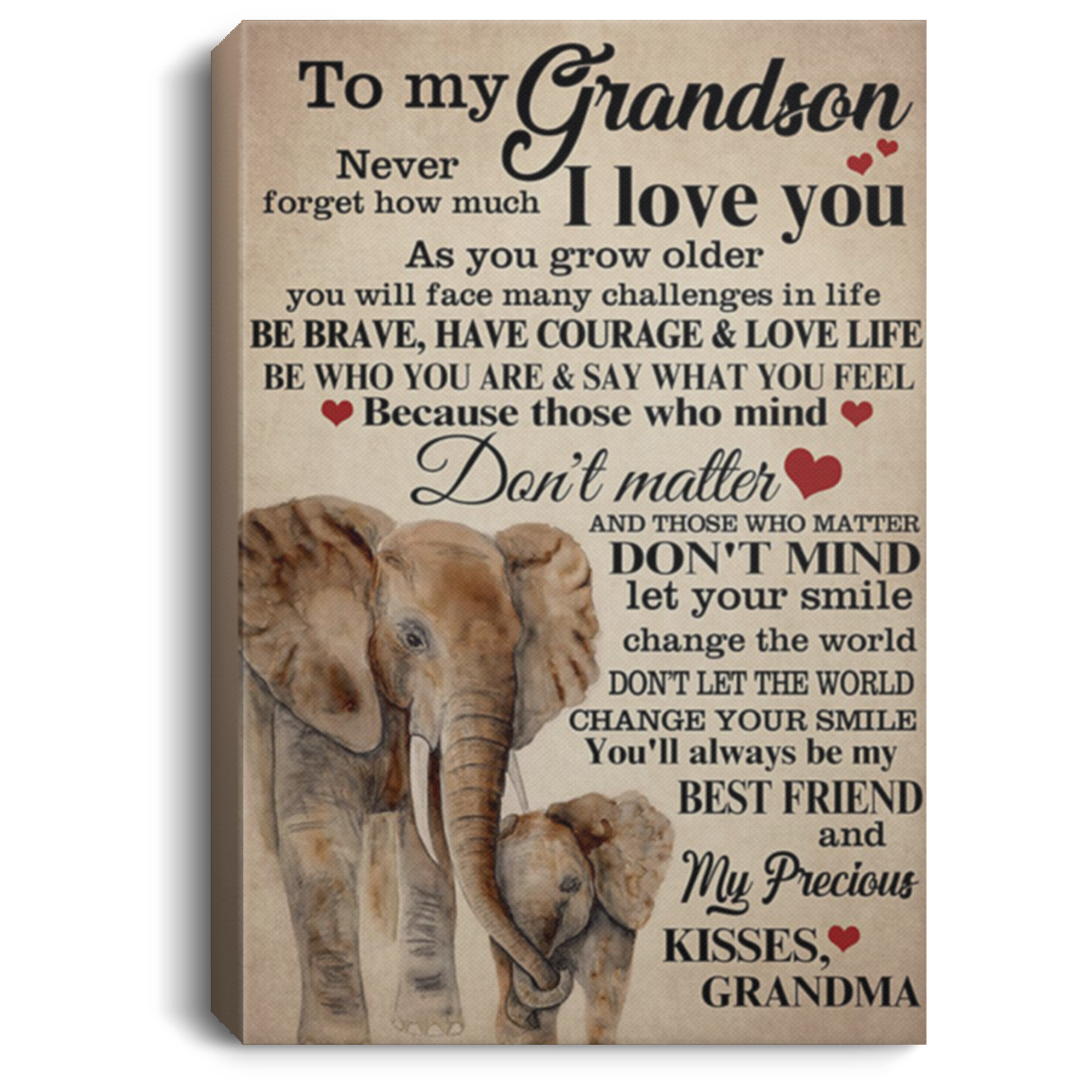 200813BB To My Grandson Elephant Gallery Wrapped Framed Canvas From Grandma You'll Always Be My Best Fiend And My Precious Poster Print 8x12 12x18 16x24