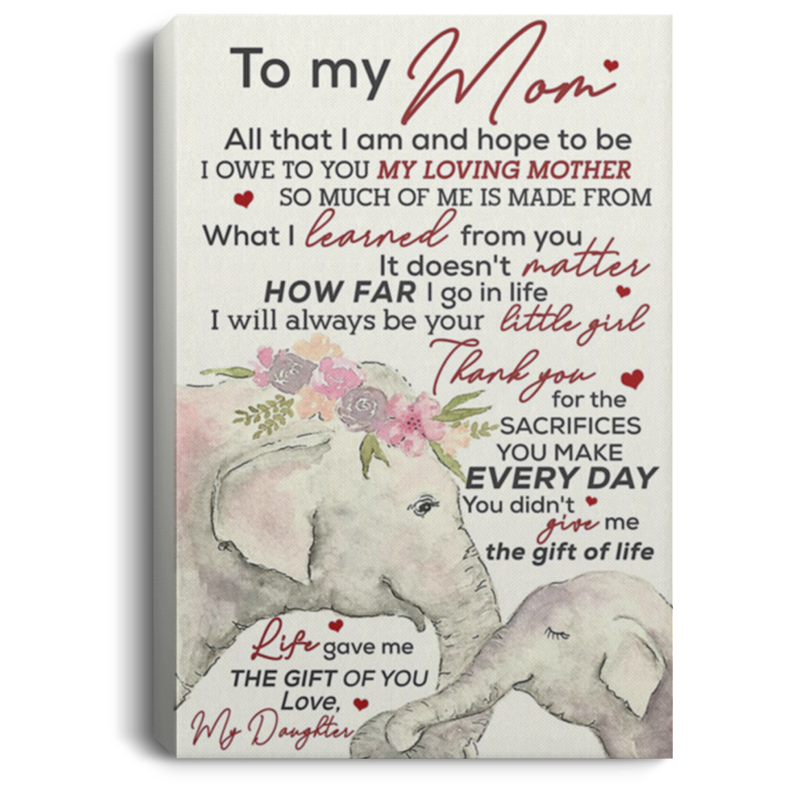 200813BB To My Mom Elephant Canvas Poster Print From Daughter All That I Am And Hope To Be I Owe To You My Loving Mother 8x12 12x18 16x24