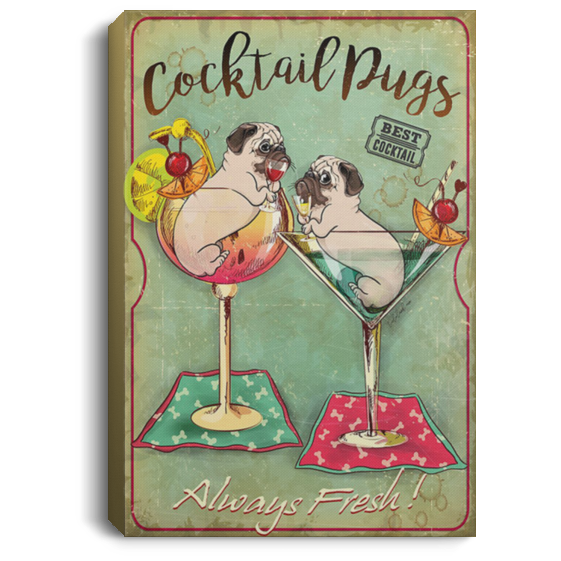 200822H Cocktail Pugs Canvas Wall Art For Living Room Bedroom Office Best Gift For Men Women Wrapped Ready To Hang 8x12 12x18 16x24