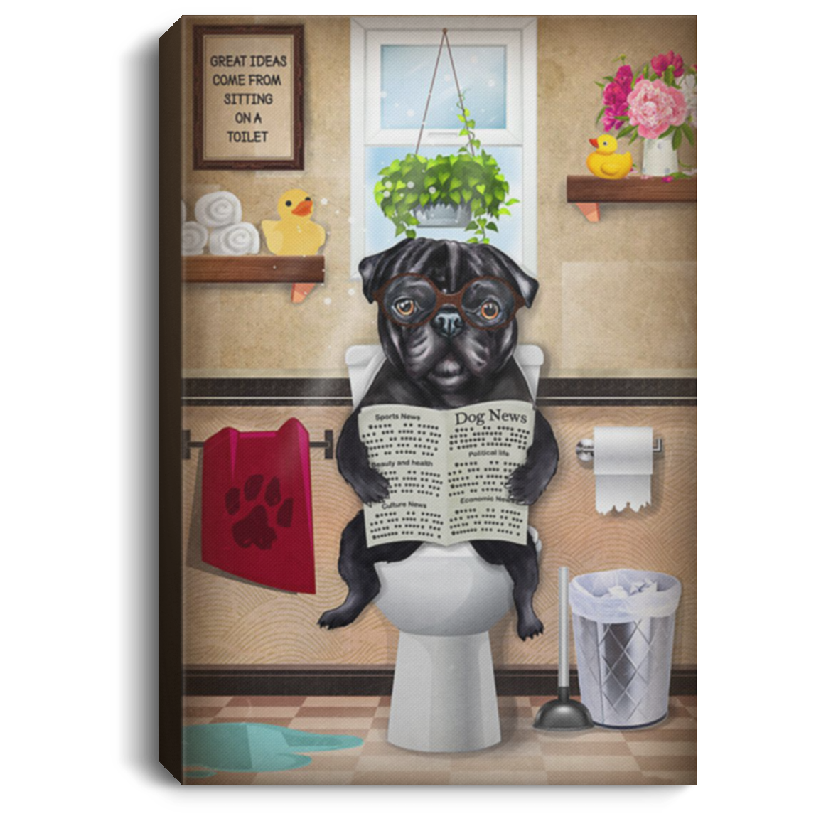 200822H Black Pug Read News On A Toilet Canvas Wall Art Print For Living Room Bedroom Office Wrapped Ready To Hang 8x12 12x18 16x24