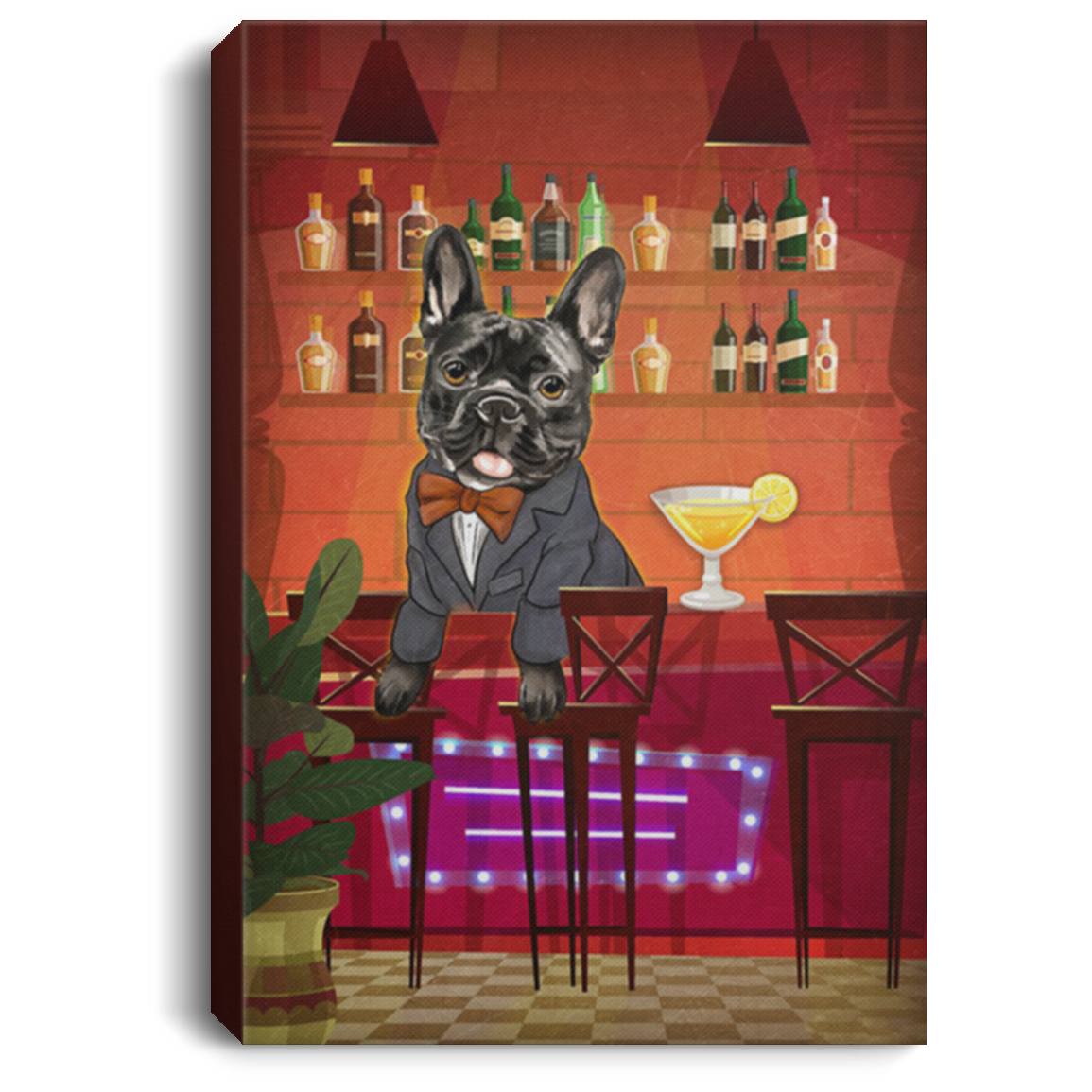 200822H French Bulldog Bartender Canvas Wall Office Home - Gift For Men Women On Xmas Birthday Wrapped Ready To Hang 8x12 12