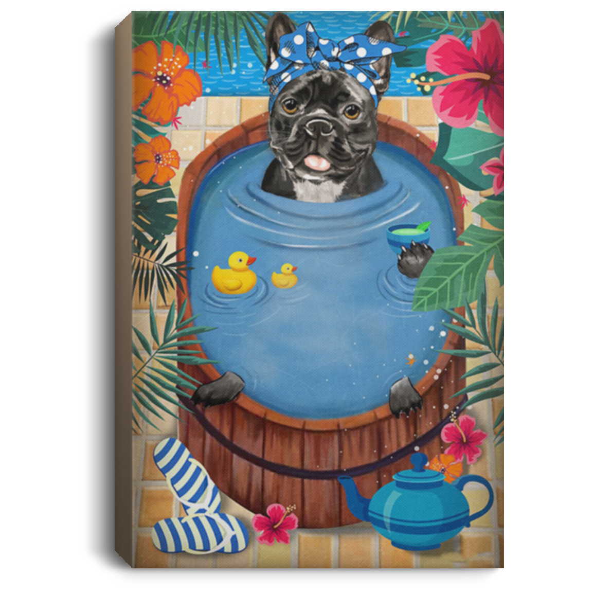 200822H French Bulldog Baths In The Tub Canvas Wall Art For Living Room Bedroom Bathroom Wrapped Ready To Hang 8x12 12x18 16