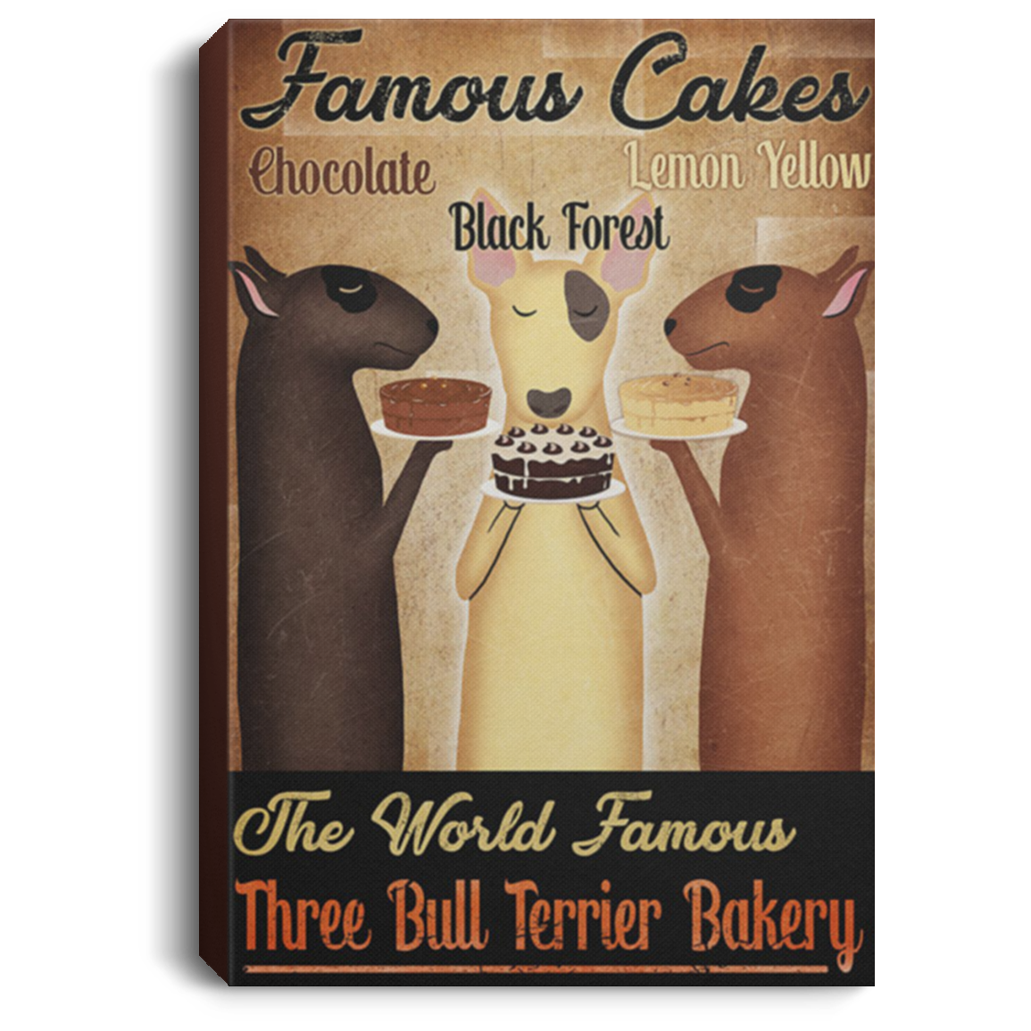 200822H The World Famous Three Bull Terrier Bakery Canvas Wall Art Funny Gift For Men Women On Birthday Christmas Wrapped Ready To Hang 8x12 12x18 16x24