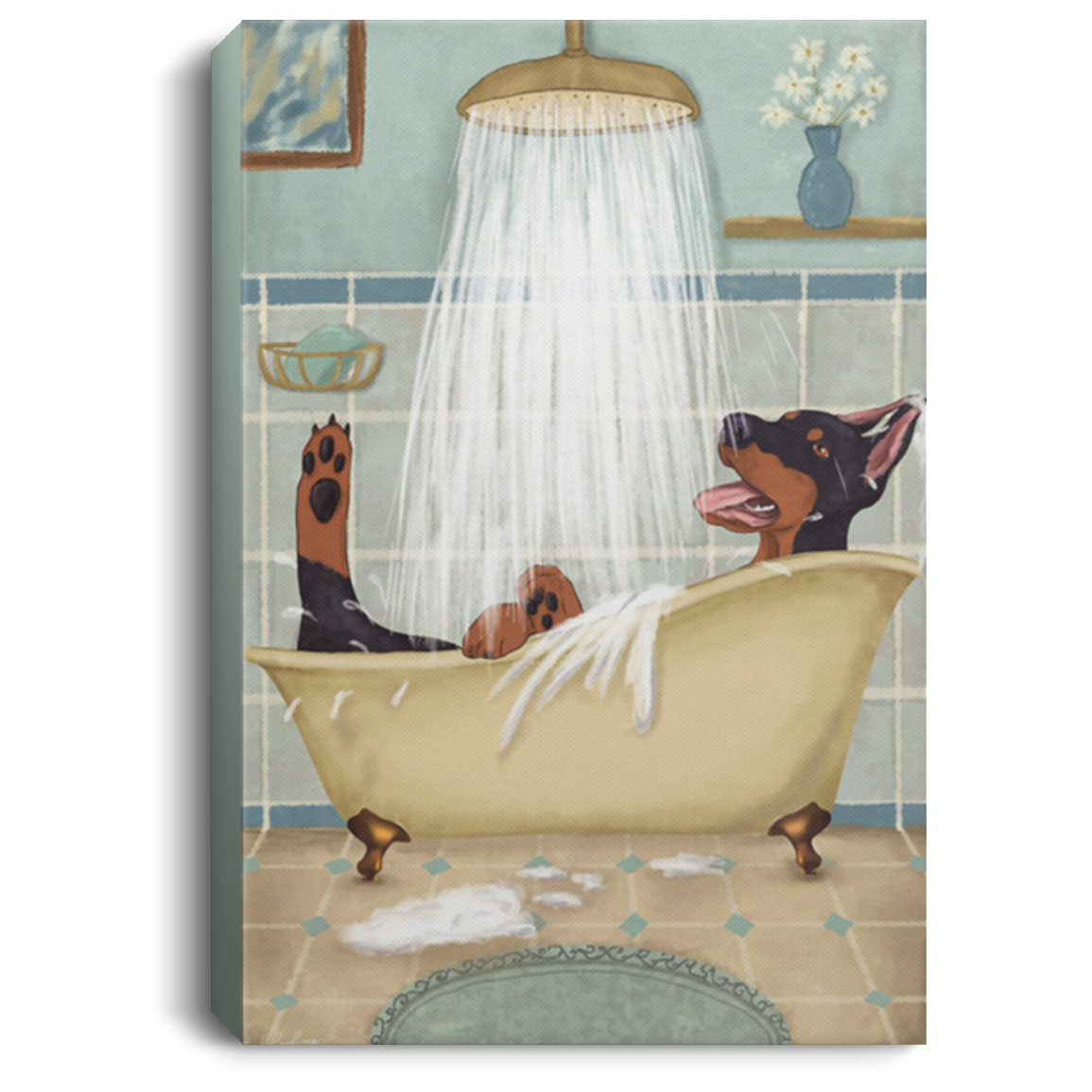200825G Happy Doberman Bath Dog Canvas Wall Art For Living Room Bedroom Bathroom Wrapped Ready To Hang Awesome Birthday Anniversary Christmas Gag Gift For Men Women