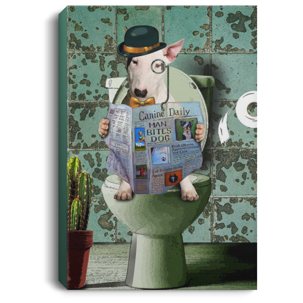 200822H Bull Terrier Read News On A Toilet Wall Art Canvas Home Funny Gift For Men Women On Birthday Christmas Wrapped Ready To Hang 8x12 12x18 16x24