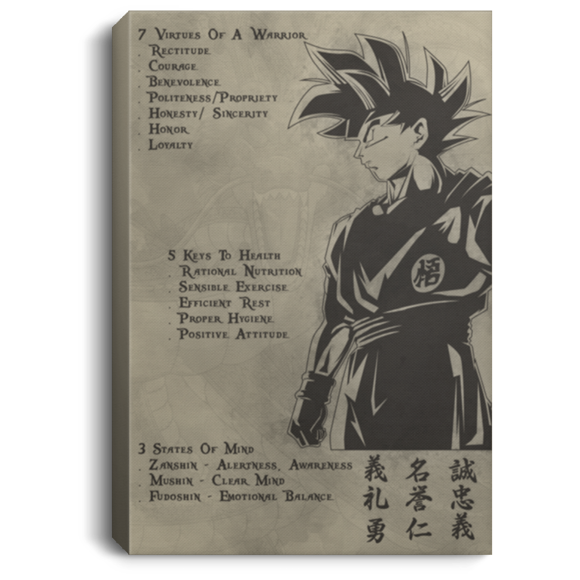AAA200704 Goku Inspiration Canvas Wall Art For Bedroom Living Room Office 7 Virtues Of A Warrior 5 Keys To Heath 3 States Of Mind 8x12 12x18 16x24