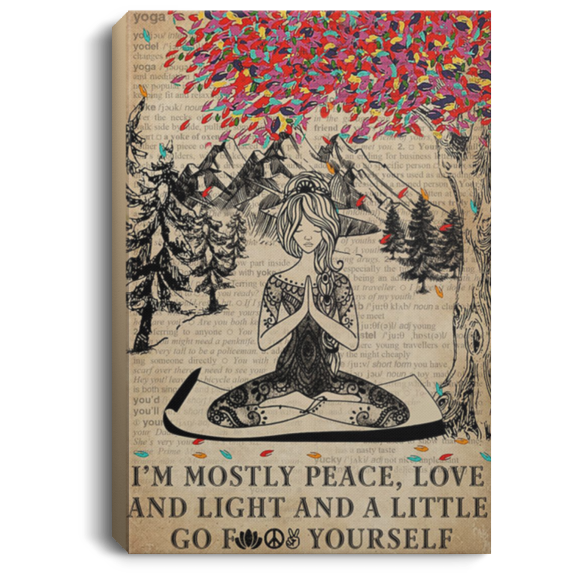 200818EE Vintage Dictionary I'm  Mostly Peace Yoga Girl Canvas Art Wall Decor Awesome Birthday Christmas Ideas Great Gift Decoration 8x12 12x18 16x24